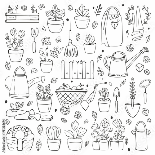 Gardening tools and plants illustration set.