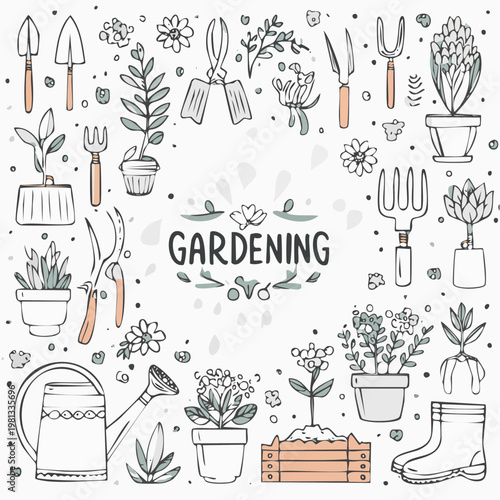 Gardening Tools and Plants Illustration.