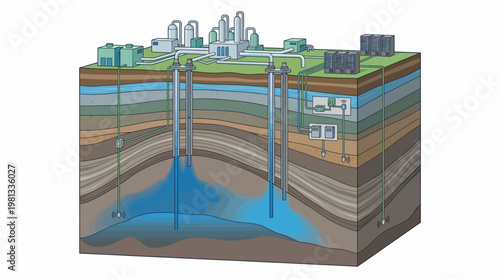 Cross-section diagram of geological layers with industrial infrastructure.