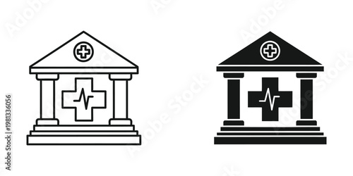 Contrast of traditional and modern medical building icons with health symbols