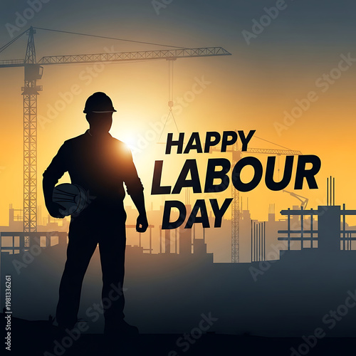 Happy labour day silhouette of construction worker at sunset