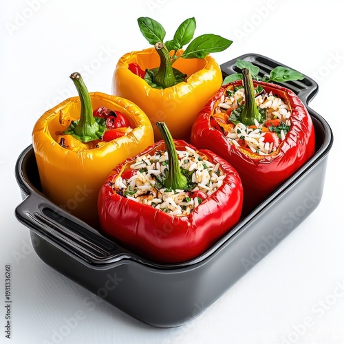 Fresh colorful bell peppers stuffed with rice vegetables and cheese arranged in a black baking dish isolated on white background