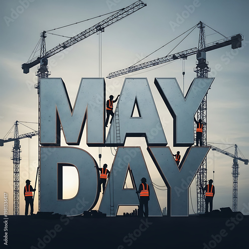 May day construction scene with giant letters and workers, hard hat