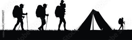 Camping silhouette hikers and a tent against a bright sky