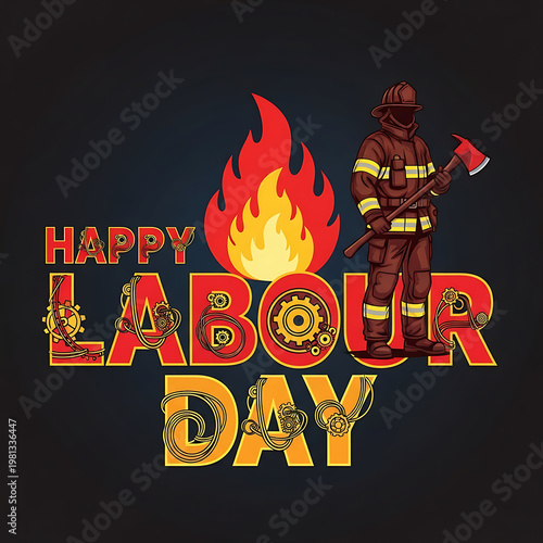Happy labour day with firefighter and flames, firefighter axe