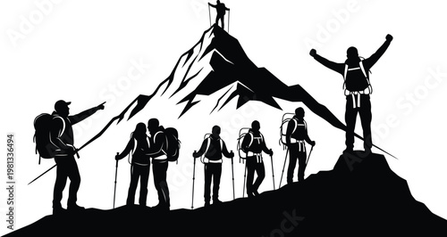 Mountain climbers silhouette celebrating success and teamwork on a peak