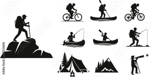 Outdoor adventure silhouette icons hiking biking kayaking and camping activities