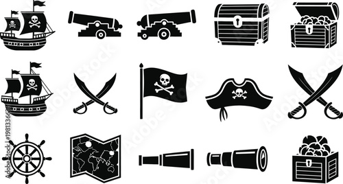 Pirate symbols and icons a black silhouette collection for adventure themes