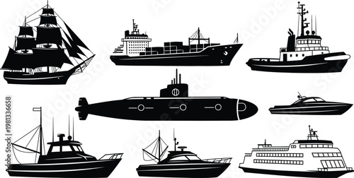 Black silhouette collection of various naval and civilian vessels at sea