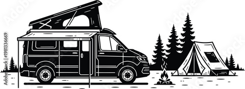 Van life adventure campervan silhouette with forest and tent scene
