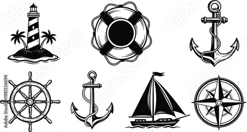 Nautical elements collection lighthouse ship wheel compass and maritime icons silhouette