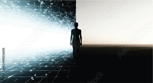 man stepping into bright futuristic digital world