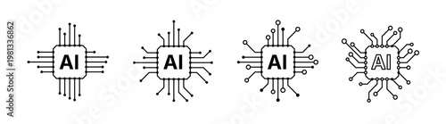 Futuristic microchip icon set for AI computing, featuring processor and integrated circuit symbols for digital products, dashboards, presentations, and technology branding vector use.