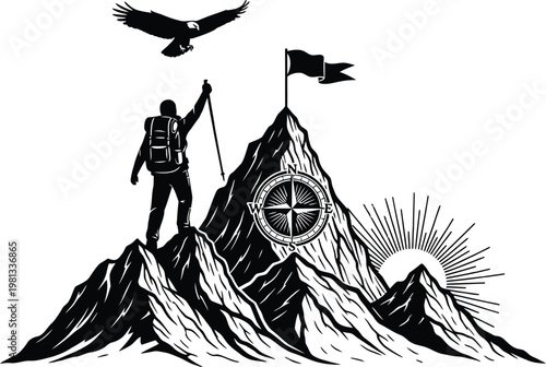 Triumphant silhouette climber reaching peak with raven and flag