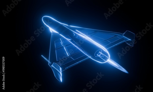 A 3D animation of a stylized, holographic drone with a jet engine rotates 360 degrees in a seamless loop. 