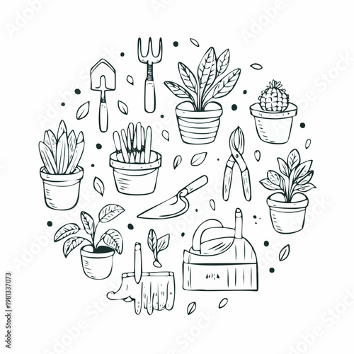 Gardening Tools and Plants Illustration Circle.