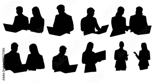 Diverse group of silhouetted people engaging in various activities together isolated on transparent background, Vector