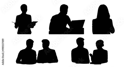 Silhouettes of professionals engaging in various work activities and discussions isolated on transparent background, Vector