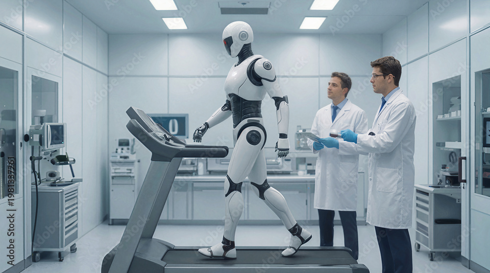 Fototapeta premium Scientists monitoring bipedal robot walking on treadmill during performance testing in high-tech laboratory. Robotics engineers conducting motion analysis for artificial intelligence development.