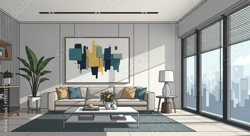 Modern Living Room Interior Design with Abstract Art and City View.
