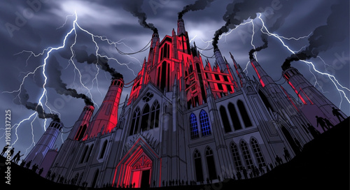 Gothic castle illuminated by lightning and red lights during a storm.