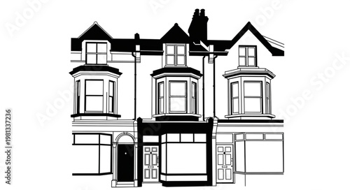 Black and White Sketch of a Traditional Terraced House.