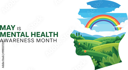 May is mental health awareness month concept with a human head profile filled with nature landscape and rainbow