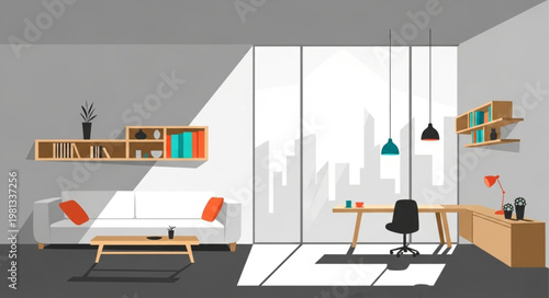 Modern Home Office Interior With Natural Light.