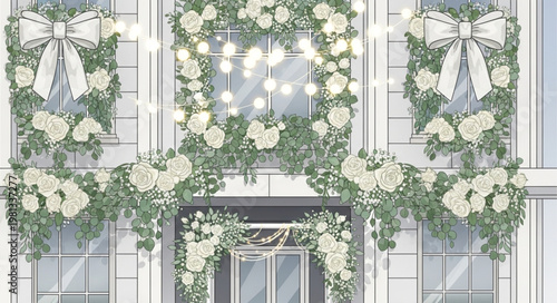 Elegant White Floral Wedding Archway Decoration with Bows and Lights.
