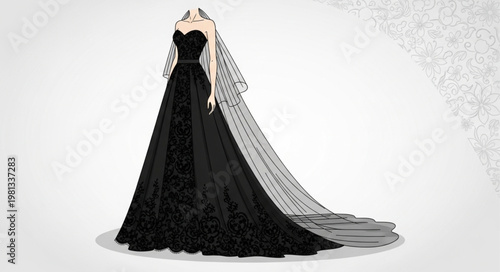 Elegant black wedding dress with long veil on mannequin.