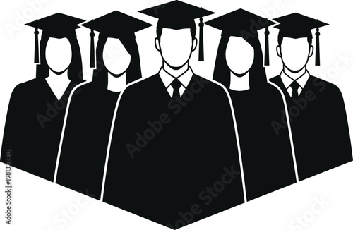 Group of students in graduation caps and gowns standing together in a professional flat black vector illustration
