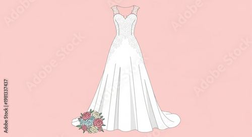 Elegant white wedding dress with bouquet illustration.