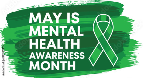May is mental health awareness month banner with green ribbon symbol on a textured brush stroke background design