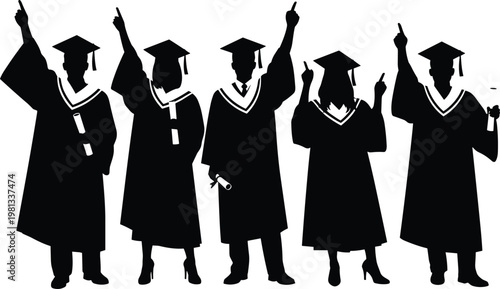 Group of happy university graduates in black gowns and mortarboards standing together in a celebratory silhouette