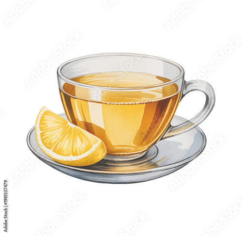 Fresh lemon tea in glass cup with slice watercolor illustration.
