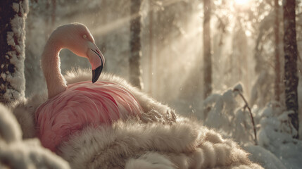 Close up of a pink flamingo in a zoo lake with natural wildlife background