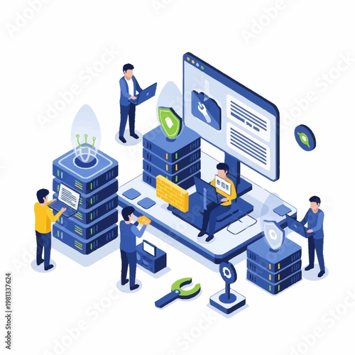 IT professionals working on computer server maintenance and cybersecurity.