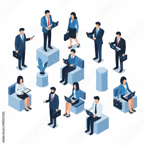 Diverse business professionals collaborating and working together in an office setting.