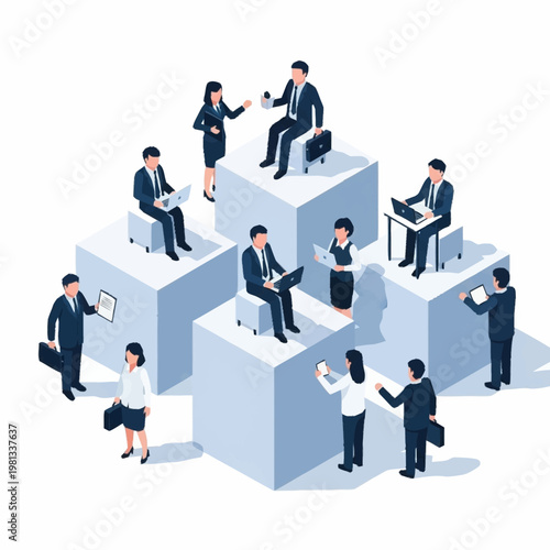 Business people interacting on abstract cubes representing corporate structure.