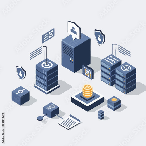 Modern data center servers and network infrastructure isometric illustration.