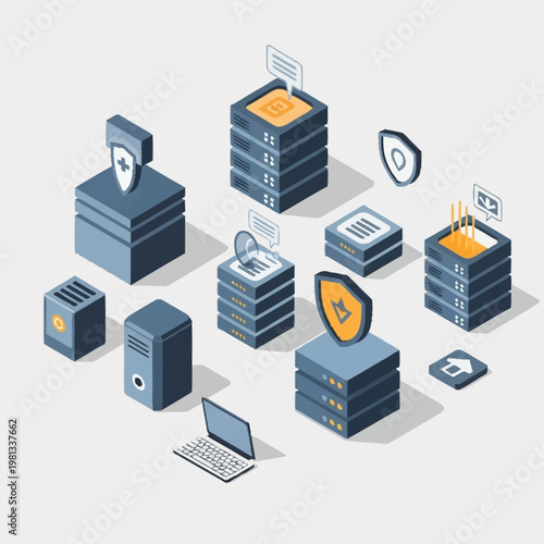 Data security and network server infrastructure isometric illustration.