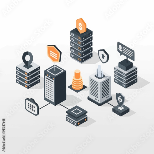 Modern Technology Server Racks and Network Equipment Illustration.