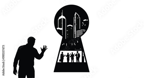 businessman presenting cityscape and people silhouettes