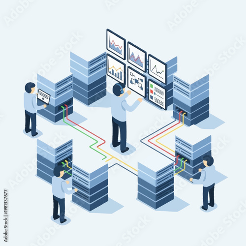 Data center with people managing servers and monitoring screens.