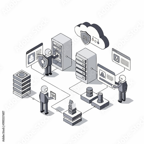 Cybersecurity network security concept isometric illustration.