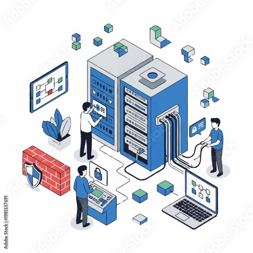 IT professionals working on server racks and network equipment.