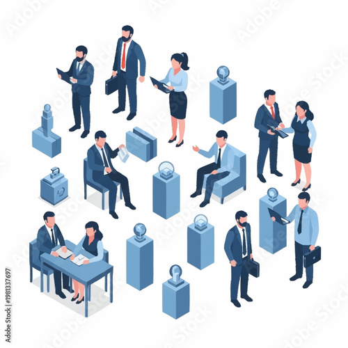 Business People Posed in Isometric Style for Presentation.