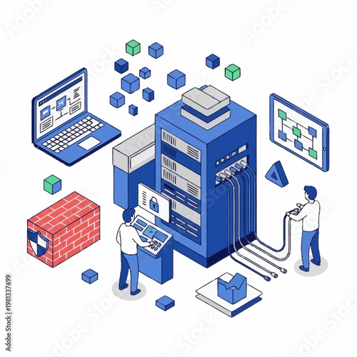 Server room technology data center network infrastructure isometric illustration.