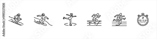 Sports and Athletics Line Icon Set featuring Skiing, Snowboarding, Figure Skating, Running, Hurdling, and a Stopwatch