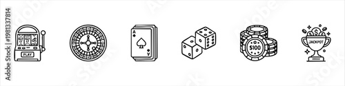 Set of Casino and Gambling Icons in Line Art Style - Slot Machine, Roulette, Cards, Dice, Poker Chips, and Jackpot Trophy